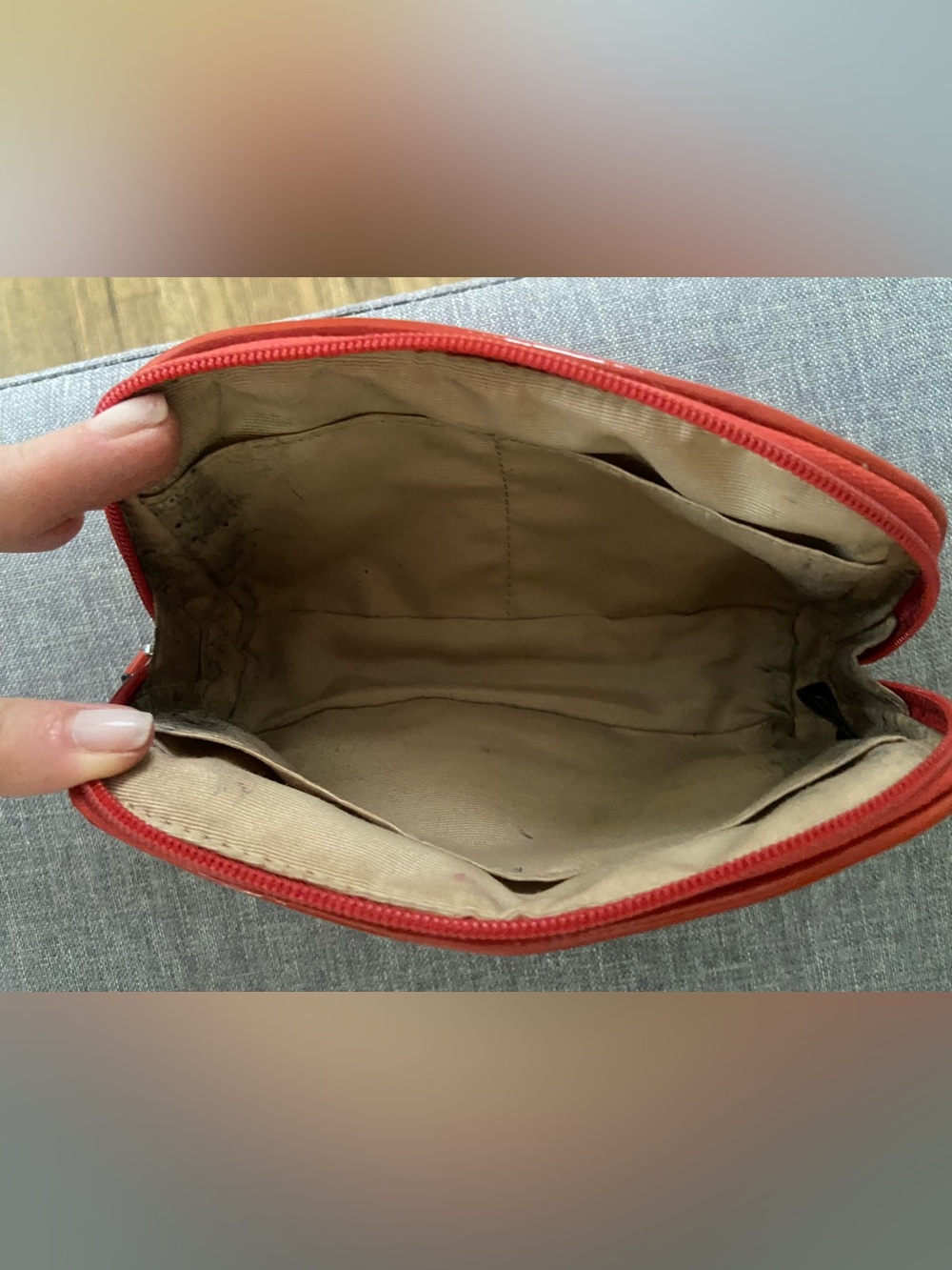 Coach Signature Canvas Cosmetic Pouch in Tan with Orange Trim - Picture 5 of 9